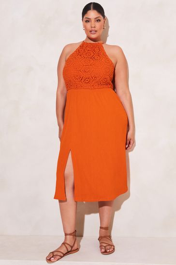 Lipsy Orange Curve Crochet Halter Midi Dress