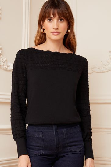 Love Roses Black Pointelle Knit Scallop Neck Jumper