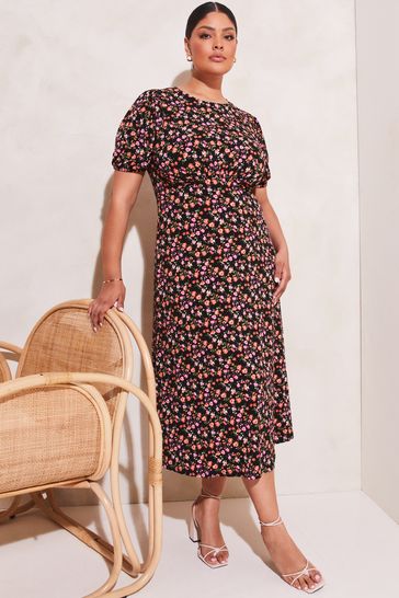 Lipsy Floral Curve Jersey Puff Short Sleeve Underbust Midi Dress