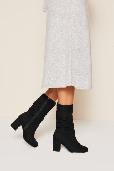 Friends Like These Black Wide Fit Block Heel Ruched Long Boots