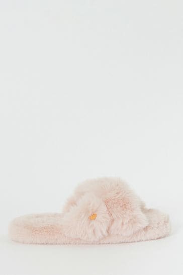 Lipsy Nude Faux Fur Cross Strap Slippers