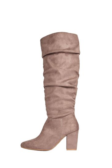 Friends Like These Neutral Regular Fit Block Mid Heeled Ruched Long Boots