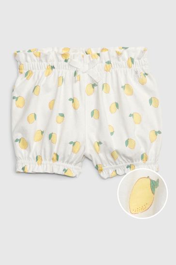 Gap White and Yellow Lemon Print Ruffle Hem Cotton Shorts - Baby