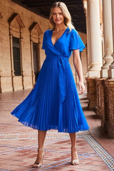 Sosandar Blue Pleated Skirt Chiffon Dress