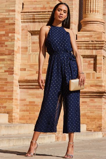 Sosandar Blue Spot Halterneck Jumpsuit