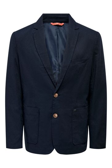 Only & Sons Navy Blue Smart Blazer Contains Linen