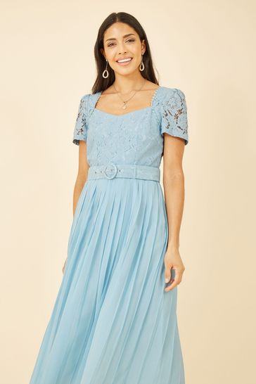 Yumi Blue Lace Dress With Pleated Skirt and Belt