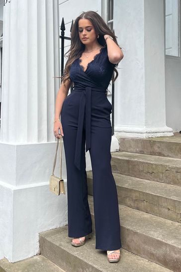 Buy Girl In Mind Navy Julia Lace Wrap Wide Leg Jumpsuit from Next