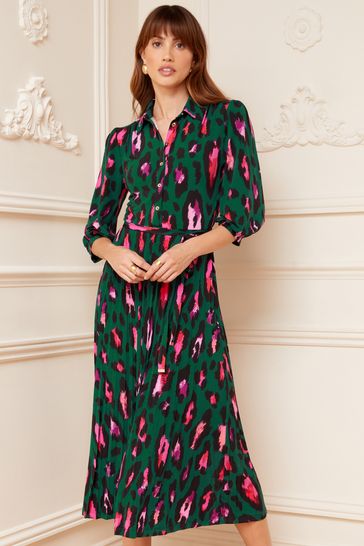 Love & Roses Green Animal Petite Jersey Pleated Belted Midi Summer Shirt Dress