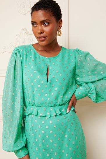 Buy Love Roses Green Metallic Long Sleeve Key Hole Front Ruffle