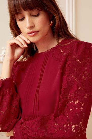 Love & Roses Berry Red Tie Back Long Sleeve Lace Blouse