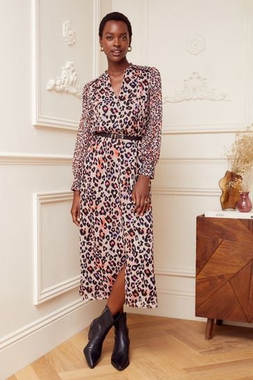 Love & Roses Camel Printed V Neck Belted Long Sleeve Midi Dress