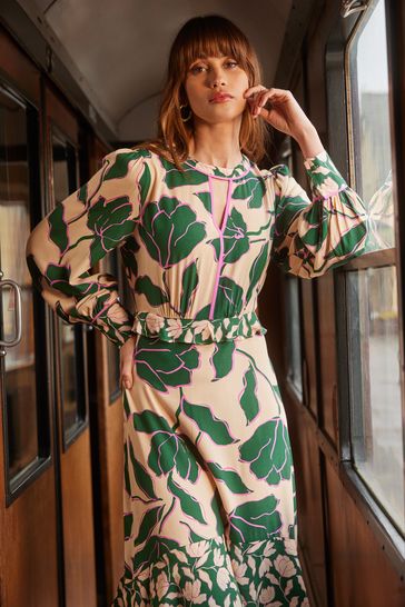 Love Roses Cream and Green Long Sleeve Key Hole Front Ruffle Detail Midi Dress