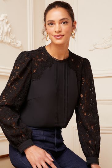 Love & Roses Black Tie Back Long Sleeve Lace Blouse