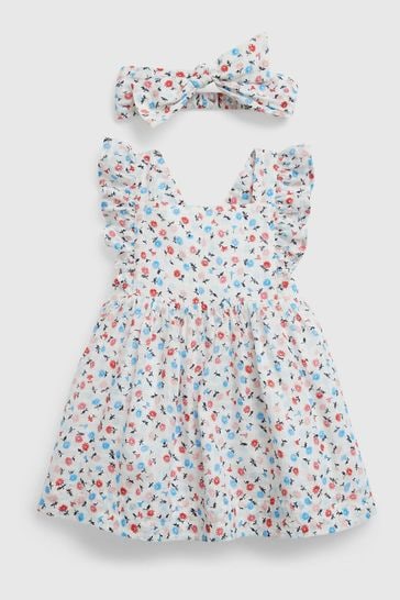 Gap White / Blue Floral Floral Apron Dress Set - Baby