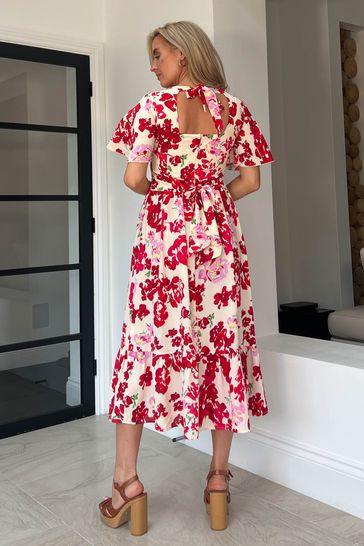 Girl In Mind Pink Floral Petite Gianna Angel Sleeve Tiered Midi Dress