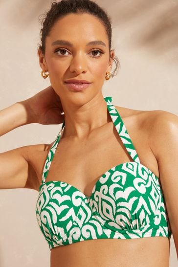 Love & Roses Green Ikat Halter Long Line Bikini Top