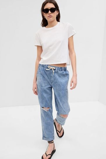Gap Light Wash Blue Alto Waisted Ripped Pull On Mom Jeans
