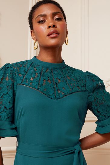 High neck short sleeve lace dress deals