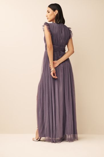 Anaya with love tulle plunge neck maxi dress store with ruffle sleeve and satin trim in white