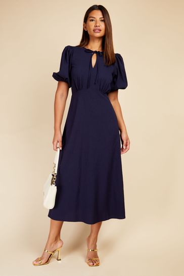 Little Mistress Navy Blue Puff Sleeve Textured Midaxi Dress