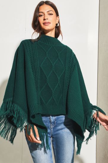 Lipsy Green Super Soft Cosy Roll Neck Cable Knit Poncho