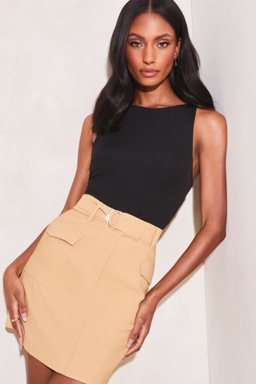 Lipsy Camel Petite Utility Pocket Belted Mini Skirt