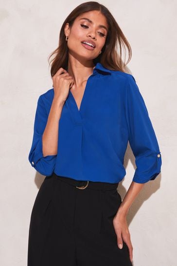Lipsy Cobalt Notch Neck 3/4 Sleeve Collared Blouse