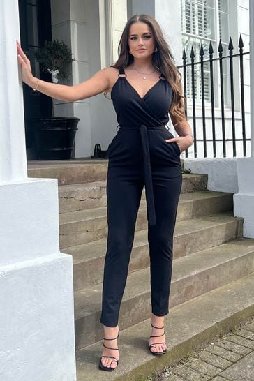 Girl In Mind Black Ring Detail Wrap Neck Jumpsuit