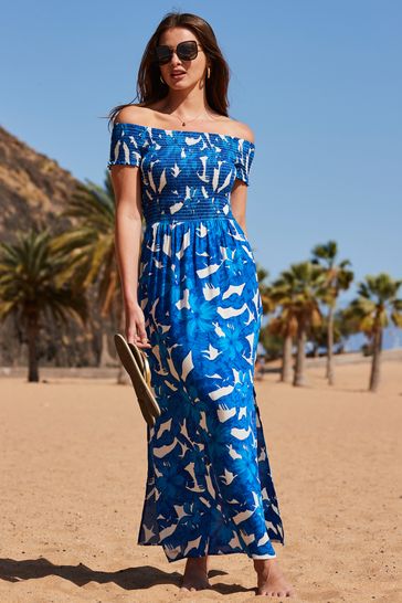 Buy Sosandar Blue Bardot Print Maxi Dress from Next Luxembourg