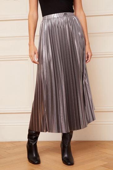 Love & Roses Silver Pleated Midi Skirt