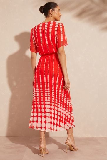 Love Roses Red Spot Petite Printed Tulip Sleeve Belted Pleated Midi Summer Dress