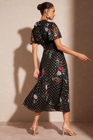 High neck deals black floral dress