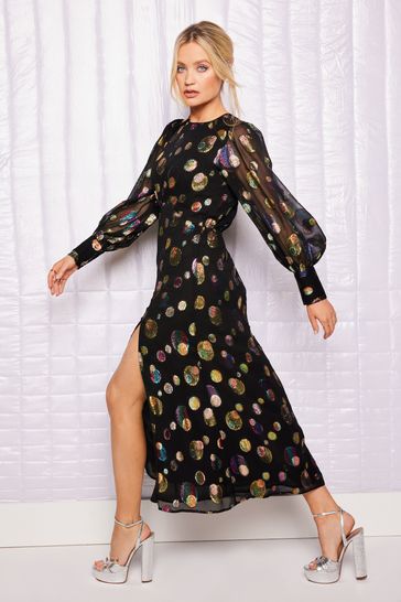Buy Love Roses Metallic Jacquard Long Sleeve Midi Dress