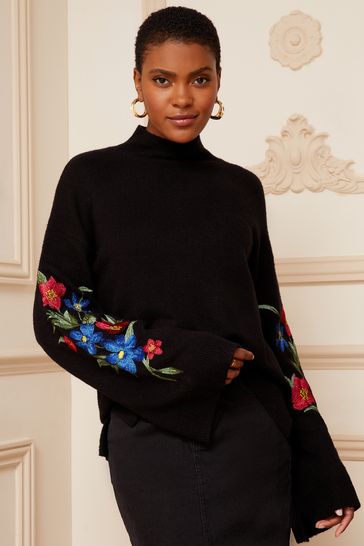 Buy Love Roses Black Embroidered Funnel Neck Jumper from Next Slovenia