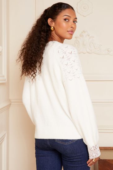 Love Roses Ivory White Fluffy Knitted Pointelle Cardigan