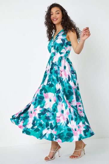 Dusk Green & Pink Sleeveless Floral Print Maxi Dress