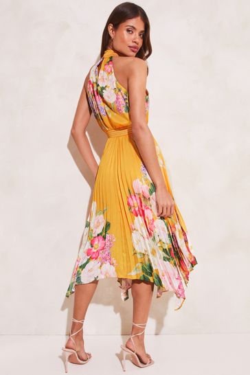 Lipsy Yellow Halter Pleated High Neck Midi Dress
