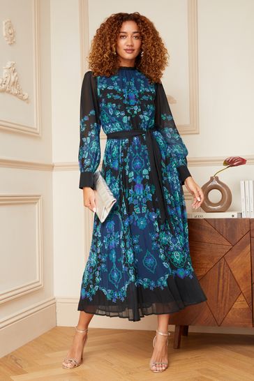 V&A | Love & Roses Black and Blue Printed Belted Pleated Long Sleeve Midi Dress