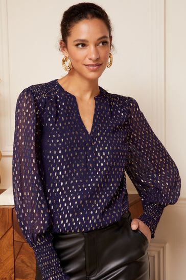 Love Roses Navy Blue Sheer V Neck Long Sleeve Over The Head Blouse