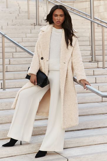 Buy Lipsy Cream Faux Fur Double Breasted Longline Coat from Next Croatia