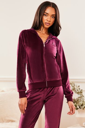 Lipsy Berry Red Embroidered Patch Velour Zip Up Hoodie