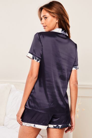 Lipsy Navy Blue Floral Tipped Satin Short Sleeve Shorts Pyjamas