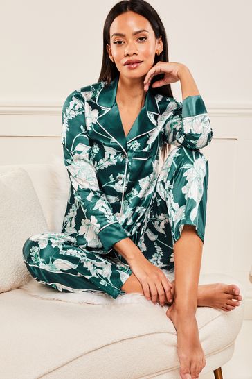 Lipsy Teal Blue Green Floral Printed Satin Long Sleeve Pyjamas