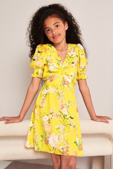 Lipsy Yellow Floral Knot Front Mini Dress
