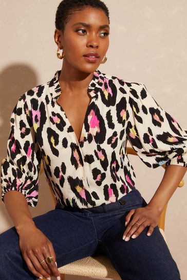 Buy Love Roses Camel Animal Ruffle V Neck 3 4 Sleeve Button