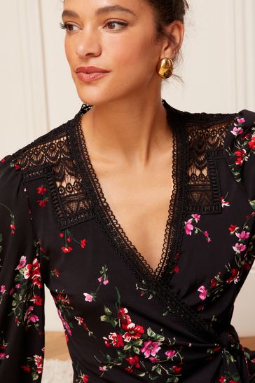 Love & Roses Black Floral Wrap Long Sleeve Lace Trim Jersey Top