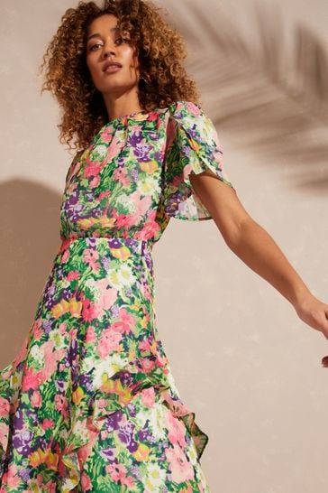 Buy Love & Roses Ivory Floral Printed Flutter Sleeve Tiered Ruffle 