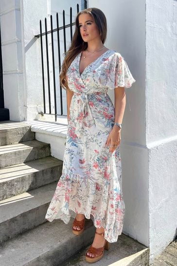 Grey frill floral midi dress clearance
