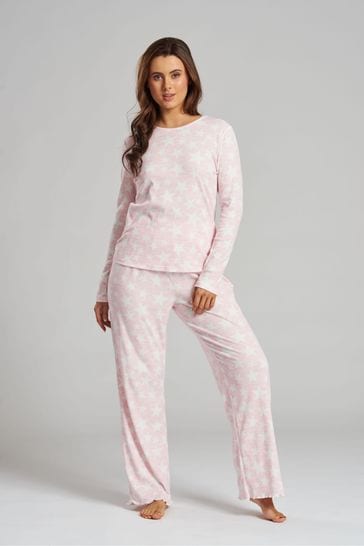 Loungeable Pink Leopard Brushed Rib Long Sleeve Top And Trouser Set